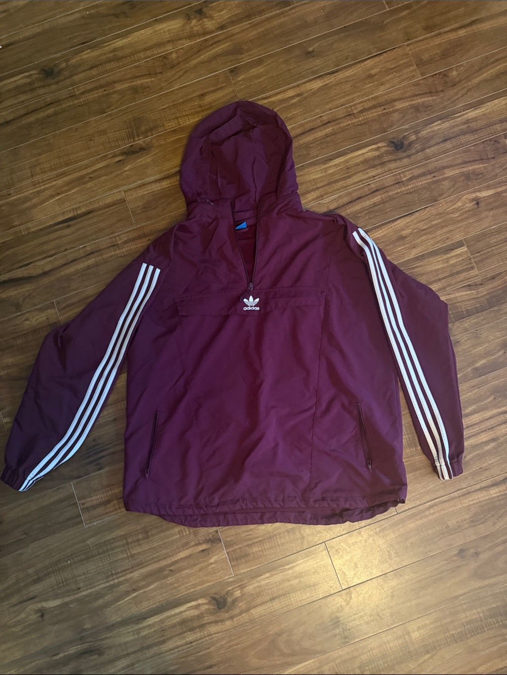 adidas Burgundy Hooded Windbreaker with White Stripes